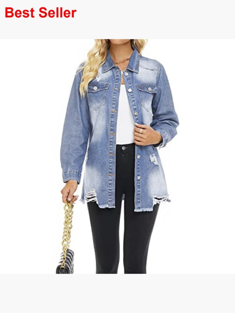 Distressed Denim Shirt Jacket Oversized Button Down Long Sleeve Jean Coat - Picture 2 of 7